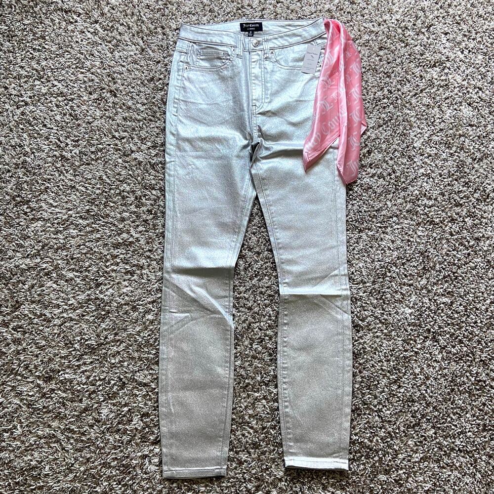 Juicy Couture High Rise Coated Skinny Jean Women's 26 Silver Stretch Bandanna